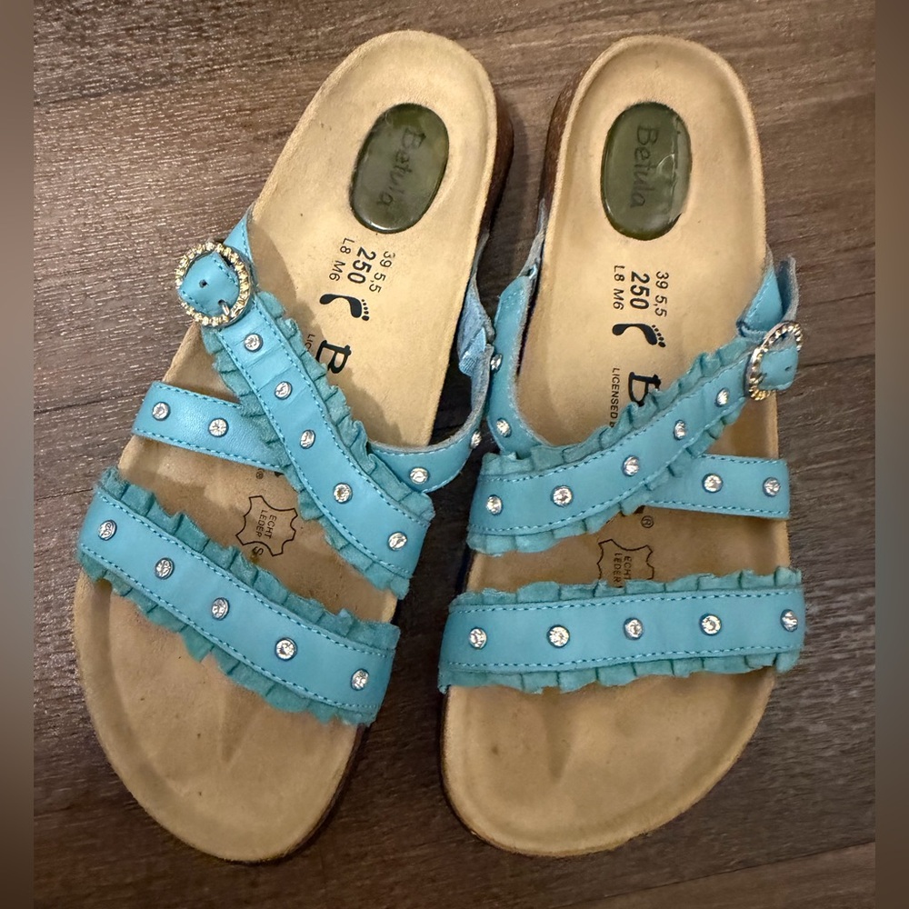 Birkenstock Betula Rhinestone Stud Bling Ruffle Leather Cork Strappy Sandals
